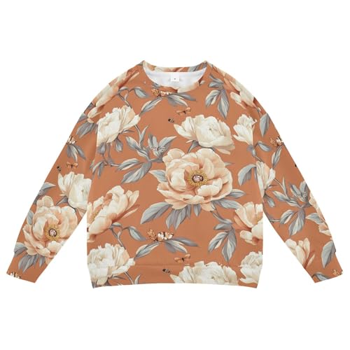 JUNZAN Retro Peonies Terracotta Big Boys Pullover Hoodie Fleece Sweatshirt With Hoodie Sports 4T