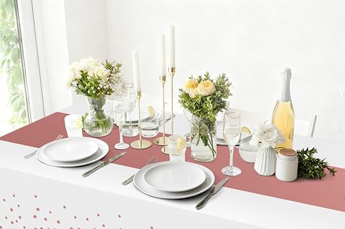 Image of Smiry Plastic Table Cloth Disposable 8 Pack, 54 x 108 Inch Rectangle Waterproof Tablecloth, Printed Gold Table Runner Style for Birthday Weeding, Party, Leakproof & Sturdy, Rose Gold and White