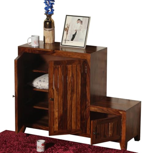 Image of Solid Sheesham Wood Shoe Rack Wooden with Seating 3 Doors | Multipurpose Shoe Rack Stand Storage Cabinet Organizer for Home, Office, Entryway, Hallway & Living Room, Bedroom | Natural Finish
