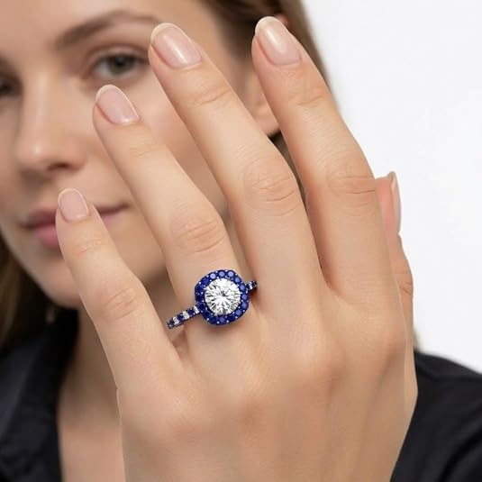 Image of Choose Your Gemstone Round Diamond CZ Square Halo Ring Rose Gold Plated Round Shape Petite Engagement Rings Matching Jewelry Wedding Jewelry Easy to Wear Gifts US Size 4 to 12