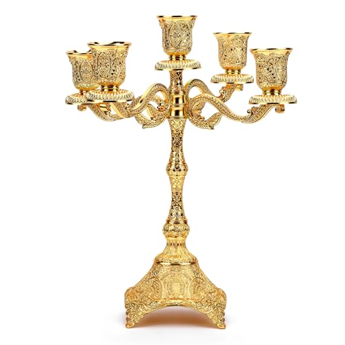 5 Arm Metal Candelabra Candlestick Holders 12.2 Inch Tall Candlestick Holders Metal Candelabra Candle Holder Retro Candlestick Table Centerpieces for Party Home Wedding