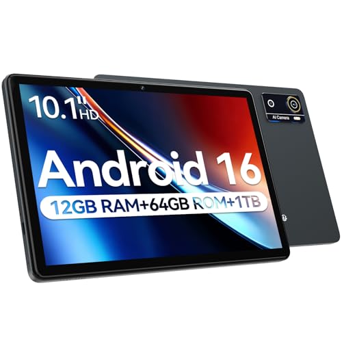 Android 16 Tablet 10.1 Inch 2026 Latest Upgraded, Helio G80 Octa-Core with Gemini AI, 12GB RAM 64GB ROM 1TB Expandable tablets, 7000mAh Battery, 13MP+8MP Dual Camera, 5G WiFi, GPS, BT5.0, for Home Use