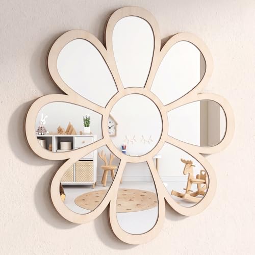 Image of SiliFine 12 Inch Boho Daisy Wall Mirror Flower Decorative Sunburst Mirror with Wooden Frame Hanging Wall Decor for Bedroom Bathroom Living Room Entryway Room Decor Farmhouse Bohemian Home