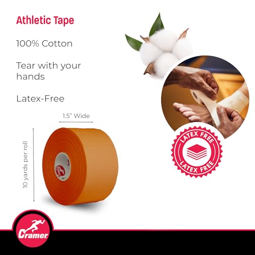 Image of Cramer Team Color Athletic Tape, 1.5 inch x 10 Yards Orange, Easy Tear Sports Tape for Ankle, Wrist & Knee, Latex-Free Adhesive, Strong Support, Athletic Training Tape Roll