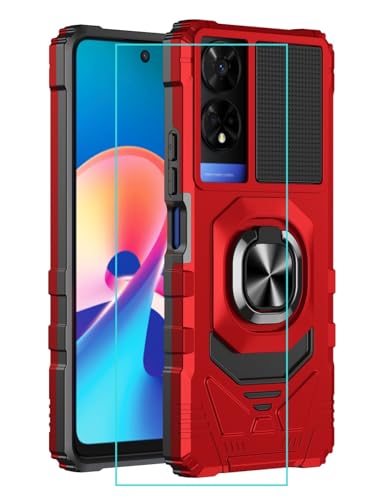 for TCL 50 XE 5G Case with Screen Protector,TCL 50 XE Phone Case Magnetic Ring Stand Military Grade Rugged Frosted PC Back Soft Silicon Dual Layer Shockproof Cover for TCL 50XE Red