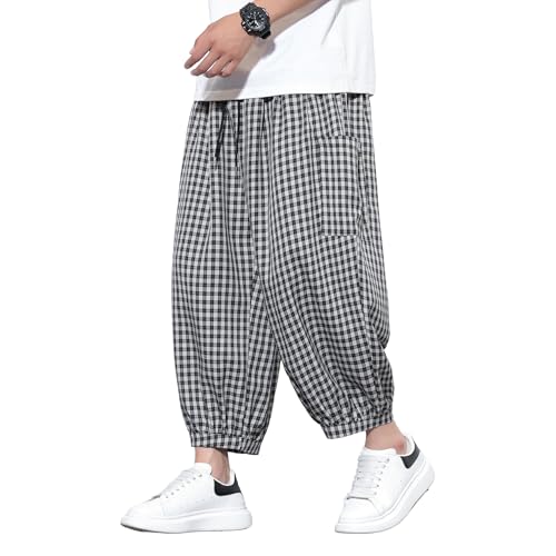 Tripleberly Mens Capri Pants Wide Leg Baggy Harem Pants Men Drawstring Elastic Waist 3/4 Capri Shorts Blow Knee with Pockets Cropped Trousers