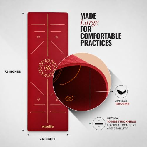 Image of WiseLife Lotus Alignment 10mm Yoga Mat with Strap | Non-Slip Thick Exercise Mat for Yoga, Pilates, Gym & Flexibility Training (Wine)