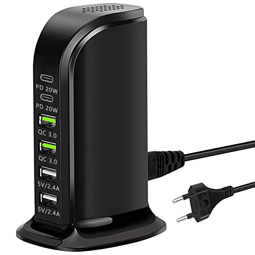 Cargador USB múltiple, Cargador USB C rápido de 65W con PD 20W y QC3.0, estación de Carga USB multipuerto, estación de Carga de 6 Puertos Compatible con iPhone/Samsung y Otros Dispositivos USB