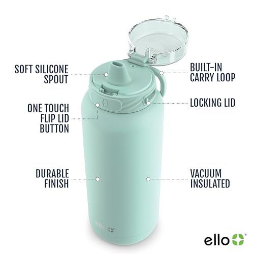 Image of Ello Cooper 32oz Stainless Steel Water Bottle with Straw and Carry Handle, Double Walled and Vacuum Insulated Metal, Leak Proof Locking Lid with Soft Silicone Spout, Reusable, BPA Free, Yucca