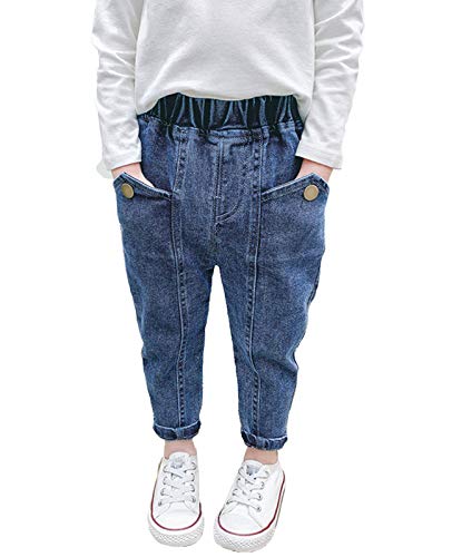 Emmababy Little Girls Infant Toddler Jeans Pull on Elastic Waist Slim Ripped Denim Pants Trousers Button Pocket Leggings Outfit (Blue, 12-18 Months)