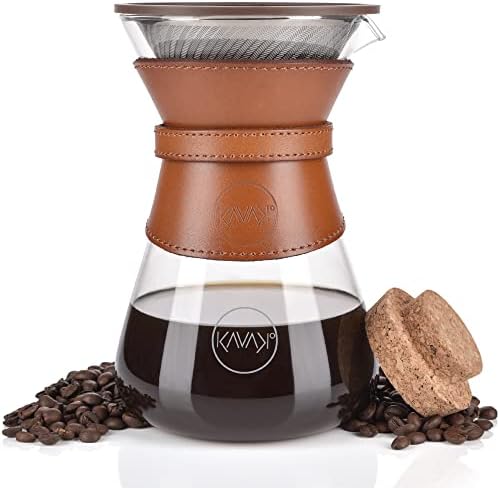 Kavako Glass Pour Over Coffee Maker with Double-layer Stainless Steel Filter, Coffee Dripper, with Cork Lid, Leather Collar Holder, 37 oz (7-Cup) (Pour Over Coffee Maker)
