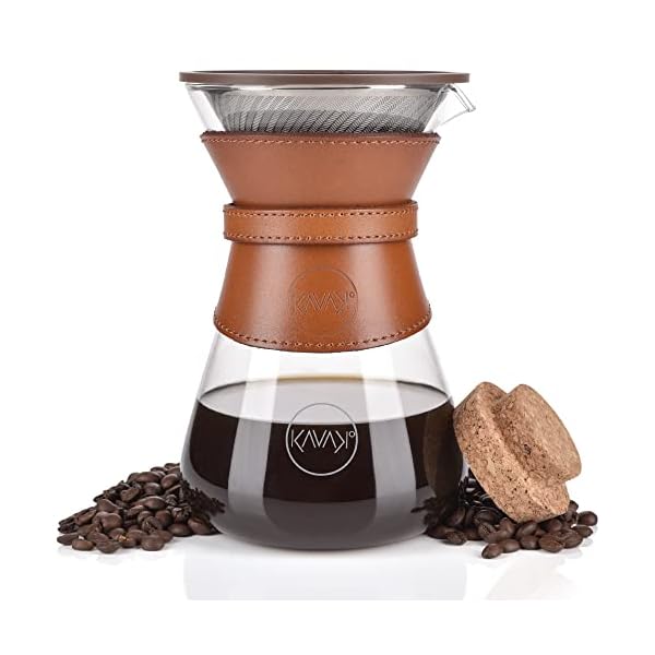 Pour Over Coffee Maker Set with Double-Layer Stainless Steel Filter, Coffee Dripper, Cork Lid and Leather Collar Holder – High Heat Resistance Borosilicate Glass Carafe, Gift for Fathers Day (37 oz)