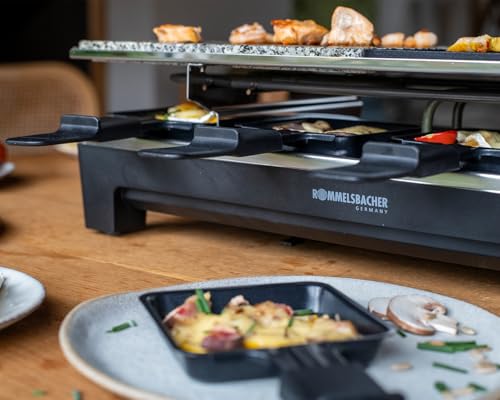Foto von ROMMELSBACHER Raclette Grill RCS – 2 Wendegrillplatten, 1 Steingrillplatte, 8 Pfännchen, 8 Schaber, Antihaftbeschichtung Xylan Plus, stufenlose Temperaturregelung, 1350 Watt, Schwarz/Edelstahl