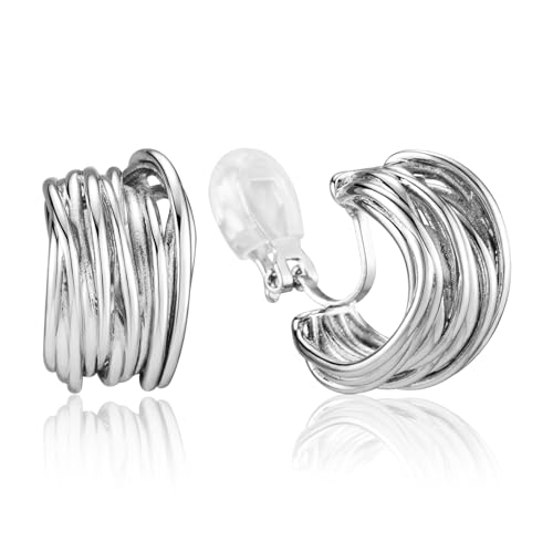 HAISWET Chunky Clip On Earrings for Women Earrings Non-piercing Hoop Earrings Silver Tone by HAISWET - Used condition - US$5.15