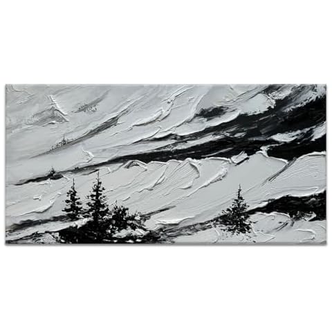 Handmade Black and White Snow Mountain Wall Art Landscacpe Oil Painting on Canvas Textured Nature Wall Art for Living Room Home Decor Cover