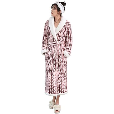 Women's Kenaf Dressing Gown Lovely Long Flannel Bathrobe Coral Fleece Plus Size Pajamas Fluffy Neckline And Cuffs Home Wear Nightdress Creamy White Collar Comfortable (Size : Medium) Cover