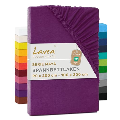 Lavea® Spannbettlaken 90x200cm - 100x200cm Maya Jersey, Bettlaken aus 100% Baumwolle, mit Rundumgummi für Matratzen bis 20 cm, atmungsaktiv, pflegeleicht, formstabil, Spannbetttücher, Fliederlila