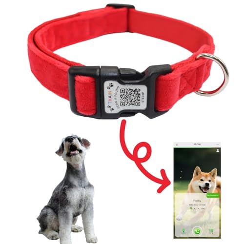 THAIN Smart QR Code - Collar para perro de nailon y terciopelo para mascotas con registro de identificación único, hebilla de plástico ajustable para perros grandes, negro, rojo, rosa, amarillo (rojo