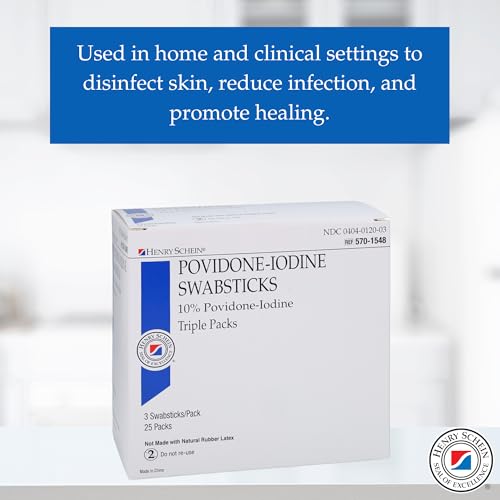 Image of Henry Schein 10% Povidone Iodine Swabstick 3's, Sterile Antiseptic, 250 Ct | Latex Free, Skin Preparation, Triple Packs, 10 Boxes of 25, Individually Packed, Ideal for Home First Aid and Medical Use