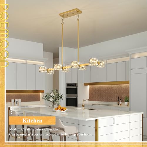 Image of Modern Crystal Chandelier 8-Light Gold Sputnik Ceiling Pendant Lights L 31.5 inch Dining Room Hanging Light Fixture for Kitchen Island Over Table Living Room Bedroom