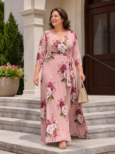 Image of PinkPatty Women's Plus Size Maxi Dresses Casual Flowy 3 /4 Sleeves Dress Printed Vacation Dress for Daily Wear with Belt