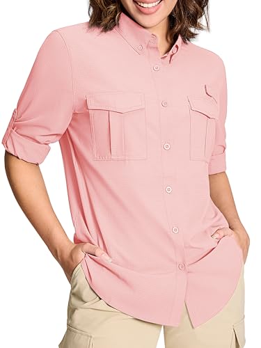 MAGCOMSEN Ladies Fishing Shirt Long Sleeve UPF 50+ Sun Protection Quick Dry Cooling Shirt for Hiking & Workout Pink,M