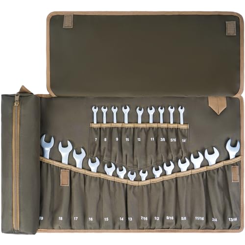 Wrench Roll Organizer Wrench Roll Up Pouch with 23+1 Pockets Heavy Duty Tool Roll for Metric & SAE Wrenches Large Wrench Holder Organizer Bag for Men Mechanics Gifts for Men Dad(Olive Green) NO Tools