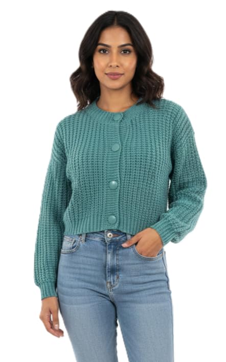 kti Woolen Knit Crop Top for Women - Long Sleeve Button-Up Crop Top for Winterwear Free Size-picture-27