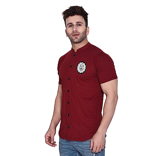 Image of Geum Men's Mandarin Collar Shirt with Graphic Print| Short Sleeve Cotton Blend Slim Fit Casual Shirt for Men