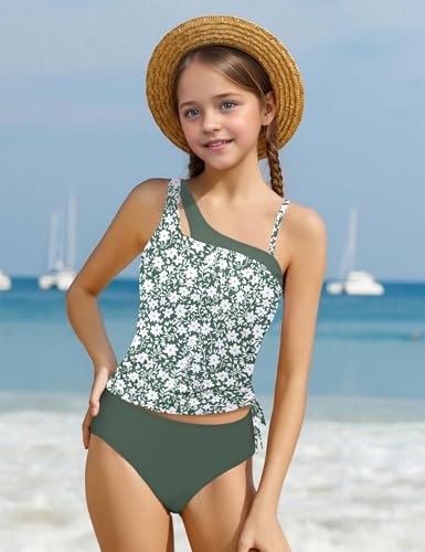 Image of AGAPENG Girls Swimsuit Two Piece One Shoulder Tankini Floral Print Drawstring Swimwear Set 7-14Y