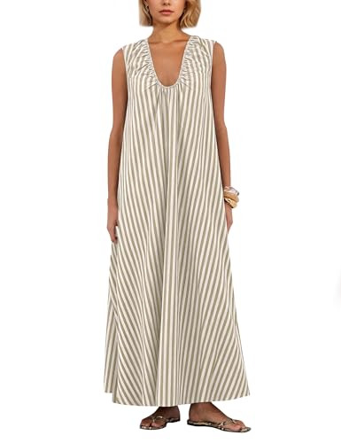 Image of OLAPTA Women Summer Sleeveless Maxi Dress Scoop Neck Ruched Loose Fit Casual Elegant Solid Vacation Long Dress with Pockets