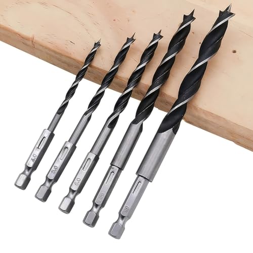 Yuentoen 5 Stück Holzbearbeitung Dowel Bohren Set, Holz-Spiralbohrer für Hartholz und Weichholz mit 1/4 Sechskant-Aufnahme, Brad Point Bohrer, Ø 4-10 mm