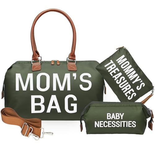 Image of printe Mom's Bag, Hospital Bag for Labor and Delivery, Large Mommy Diaper Tote for Mom Overnight Travel, Waterproof Baby Handbag with Pouches and Straps, Olive Green