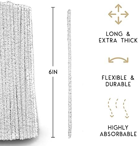 100 Pipe Cleaners for Cleaning, Fuzzy Craft Sticks for Kids and Adult Art Projects, Sturdy and Versatile Chenille Stems, White, 6 Inches, Pack of 100 - Extra Thick