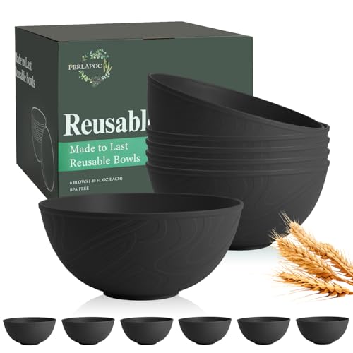 Image of Unbreakable Cereal Bowls 40 OZ, Wheat Straw Bowls Set of 6, Anti Scald Extra Thick Soup Bowls, Reusable Plastic Bowl for Kitchen, Outdoor, Camping, RV, Black