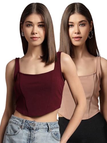 Image of Trend Arrest.ed Women's Stretchable Corset Style Crop Top | Square Neck Sleeveless Zipper Back Body-Hugging Fit | Casual
