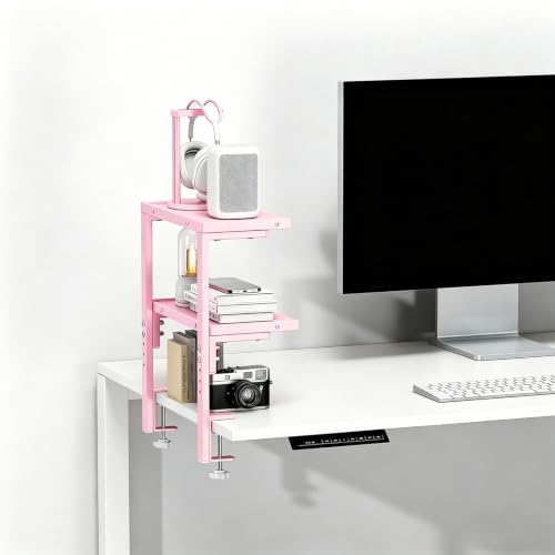 Image of 2-Tier Desk Shelf, Expandable Under Desk Storage, Clamp on Desk Shelf, Desktop Accessories for Offices, Study Rooms, and Game Rooms (Pink)