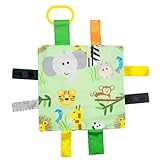 Baby Jack & Co 8x8” Jungle Zoo Animals Lovey Tag Toys for Babies - Crinkle Toys for Development of 5 Senses - Soft & Safe - Learn Shapes & Colors - Tummy Time - Soother - BPA Free w/Stroller Clip