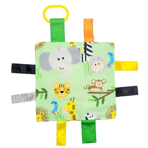 Baby Jack & Co 8x8” Jungle Zoo Animals Lovey Tag Toys for Babies - Crinkle Toys for Development of 5 Senses - Soft & Safe - Learn Shapes & Colors - Tummy Time - Soother - BPA Free w/Stroller Clip