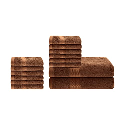 Superior Bath And Face Towel Set, Rayon From Bamboo Cotton Blend, Ideal For Bathroom, Guest Bathroom, And Beach, Includes; 12 Piece Face/Washcloths 13” X 13" And 2 Piece Bath Towels 30” X 54”, Cocoa #TOP16