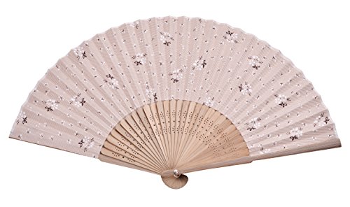 Hand Fan Bamboo White Flower Printed Folding Fan Cotton for Party Wedding Gift