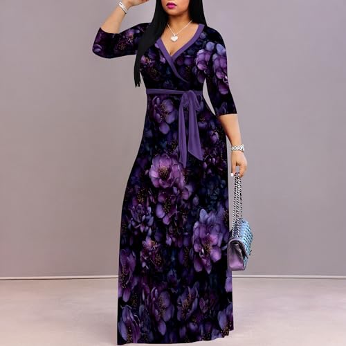Image of Women Plus Size 3 /4 Sleeve V Neck Maxi Dress with Pockets | Soft fabric relaxed fit three quarter sleeve v neck with pockets for party and daily wear