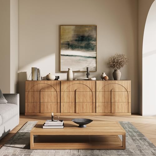 Image of BELLEZE Sideboard Cabinet with 3 Drawers, Set of 3 Modern Wood Buffet Cabinet with Arc Design, Large Fluted Sideboard with Storage for Kitchen Living Room Entryway, Camel