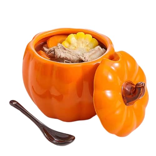 Bol à soupe en céramique avec couvercle et cuillère, récipient en citrouille pour dessert, sauce au beurre, sel, décoration d'automne