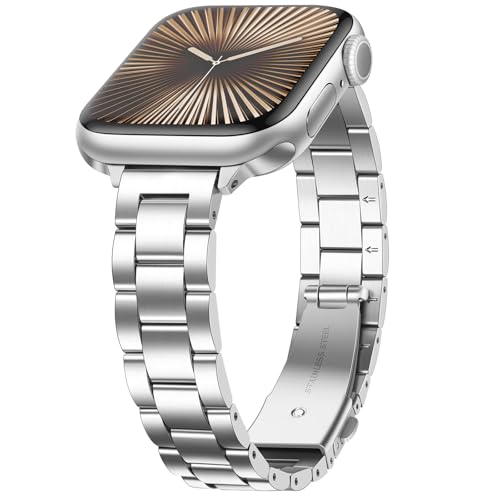 Image of Anlinser Bands Compatible with Apple Watch Band 49mm 46mm 45mm 44mm 42mm, Women Slim Stainless Steel Metal Strap for iWatch Ultra 2 Series 10 9 8 7 6 5 4 3 2 1 SE (Silver)