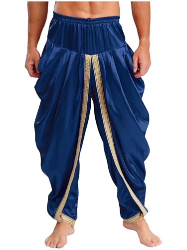 Catálogo de Ropa de Danza para Hombre Top 5. 47 TiaoBug Pantalones Harén De Danza del Vientre para Hombre Pantalones De Satén Príncipe Árabe Ropa para Danza Yoga Fitness Azul Marino Mediano