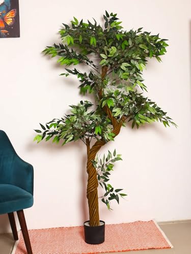 Image of ARICK DECOR 6ft Artificial Ficus Tree with Natural Wood Trunk, Large Lifelike Faux Floor Plant for Indoor Home Office Decor, Lush Green Silk Leaves in Black Pot - 180cm