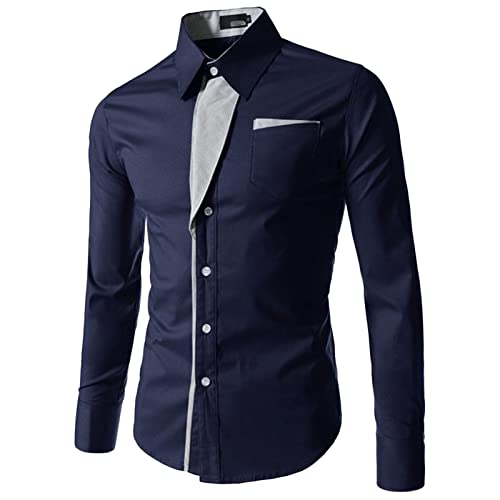 Mens Long Sleeve Stylish Dress Shirts Patchwork Casual Button Down Shirts Turn-Down Collar Shirt Top with Pockets (Dark Blue,Medium)