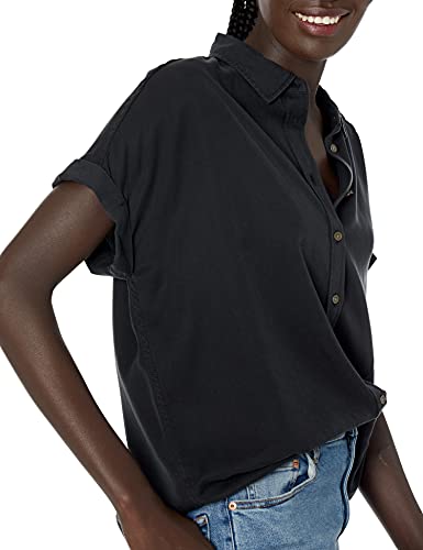 Daily Ritual Women's Tencel Oversized Short-Sleeve Button-Front Shirt, Black, Medium #TOP2