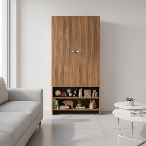 Image of FURNEASER YSH Engineered Wood Wardrobe Almirah for Clothes with 2 Doors & Open Shoe Rack | Wooden Closet Cabinet Organizer for Bedroom Living Room | Storage Cupboard (Exotic Teak)